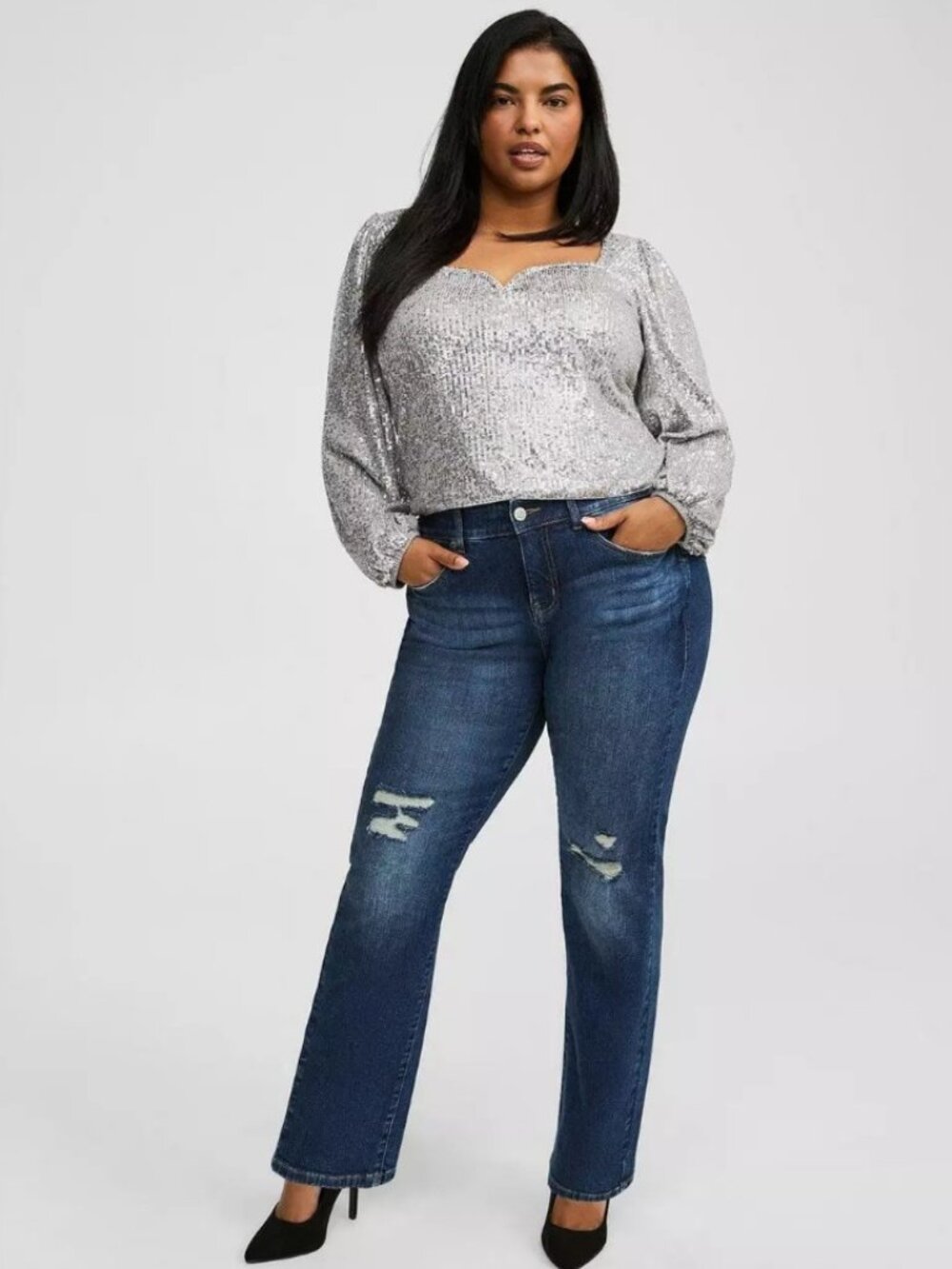 Torrid Sequin Deep V-Neck Long Sleeve Blouse in Silver Size 3X